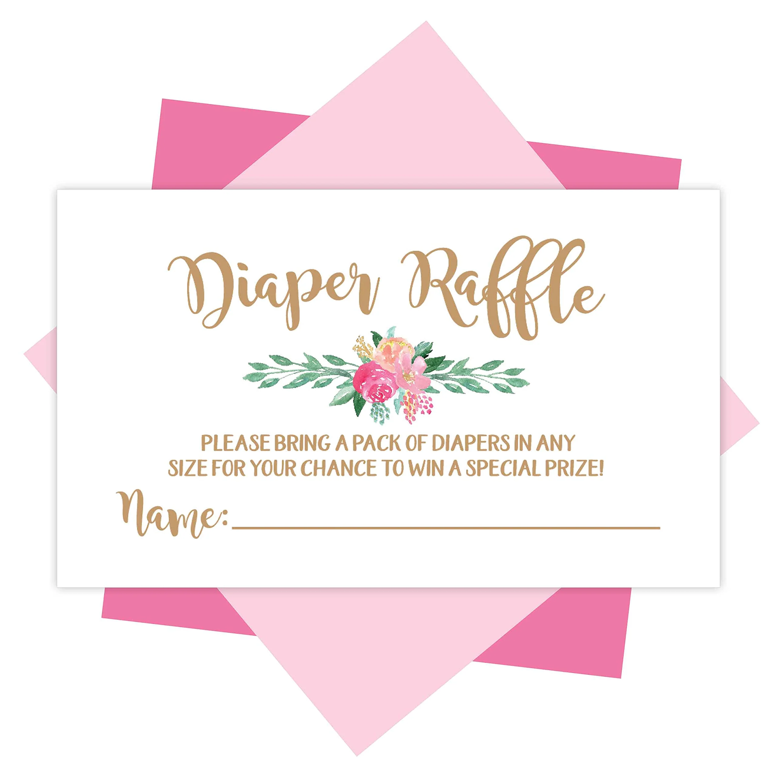 25 Flower Diaper Raffle Ticket Lottery Insert Cards For Gold Girl Floral Baby Shower Invitations, Supplies Games For Baby Gender Reveal Party, Bring a Pack of Diapers to Win Favors, Gifts and Prizes
