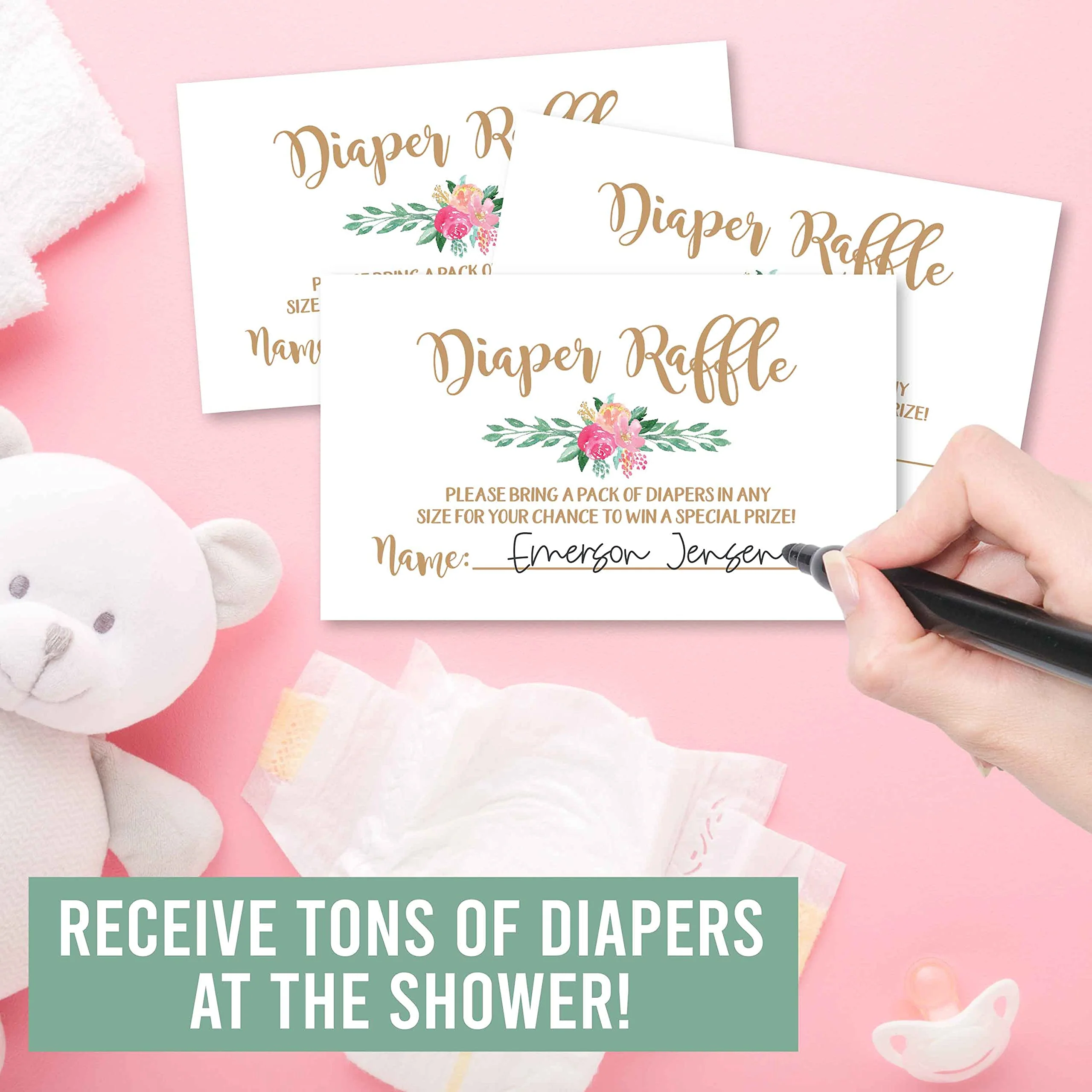 25 Flower Diaper Raffle Ticket Lottery Insert Cards For Gold Girl Floral Baby Shower Invitations, Supplies Games For Baby Gender Reveal Party, Bring a Pack of Diapers to Win Favors, Gifts and Prizes - Image 6