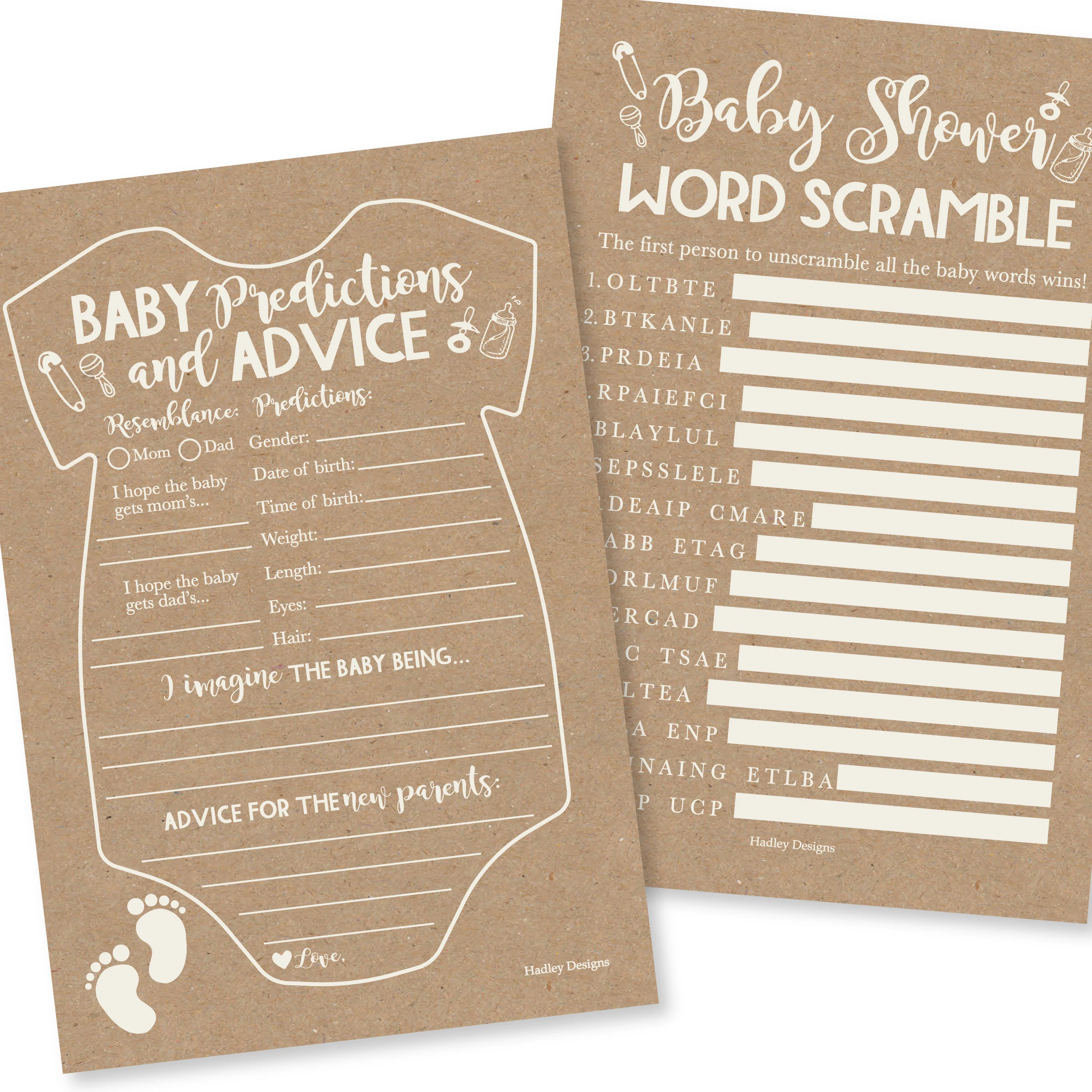 50 Baby Shower Games for Guests – Predictions & Advice Cards, Word Scramble – Different Themes for Boys & Girls