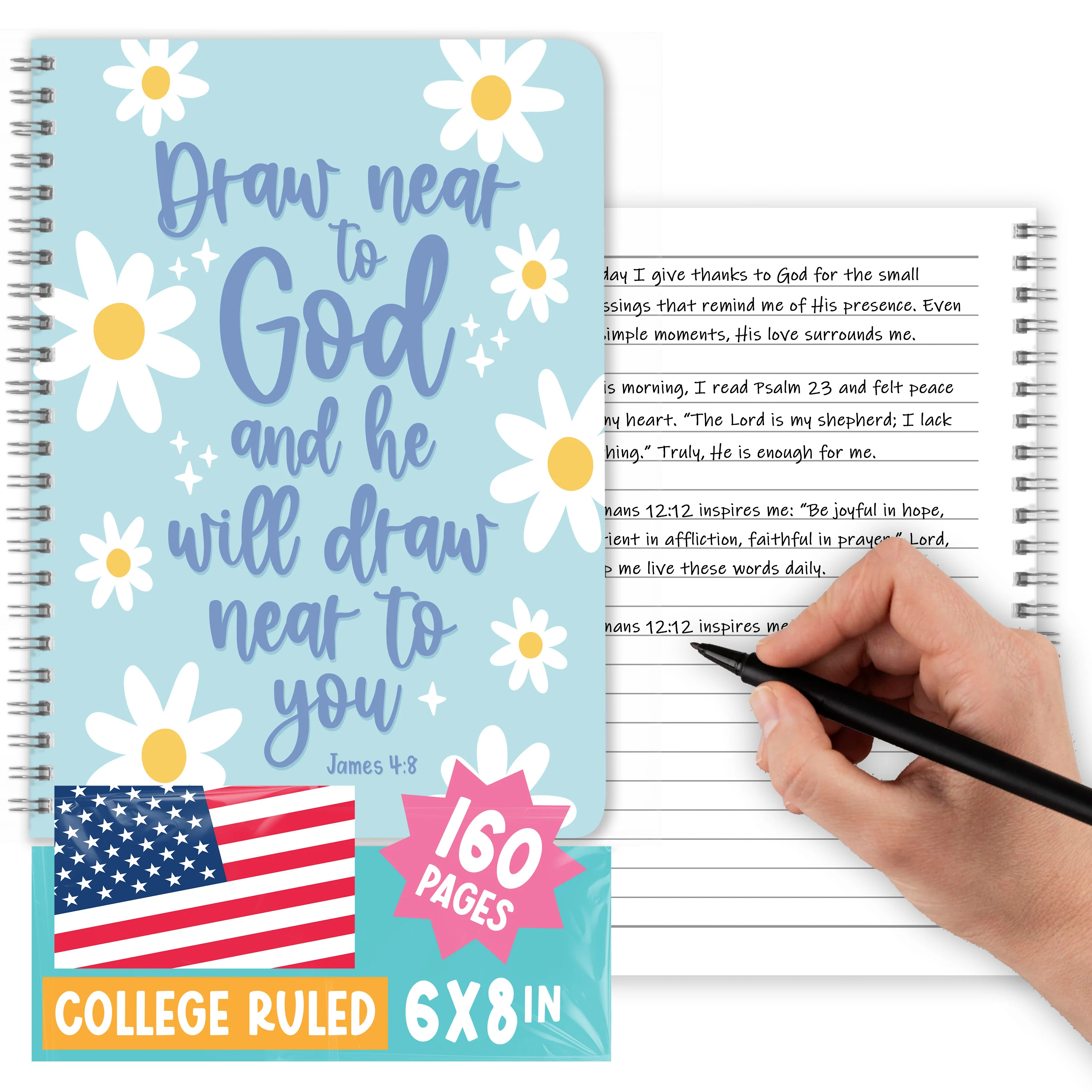 Christian Journals for Women - Bible Journaling, Daily Scripture Notebook, Religious Journal for Church Notes, Inspirational Chalkboard Journal - Daisy