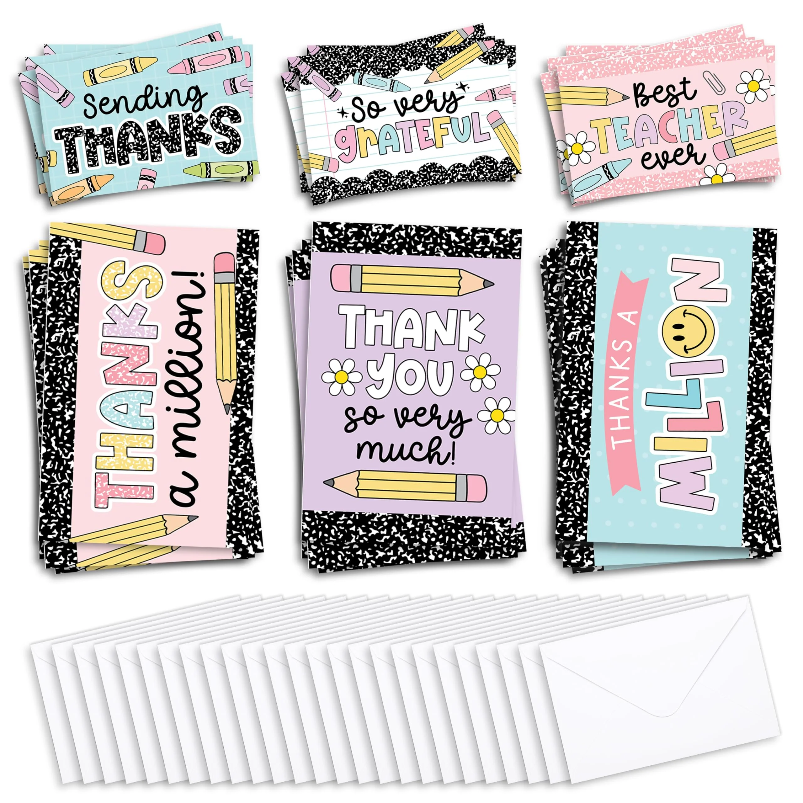 Hadley Designs Teacher Thank You Cards with Envelopes -24 Teacher Appreciation Cards Bulk, Cute Thank You Notes from Students, Teacher's Day End of School Year Christmas & Valentines Card for Teachers