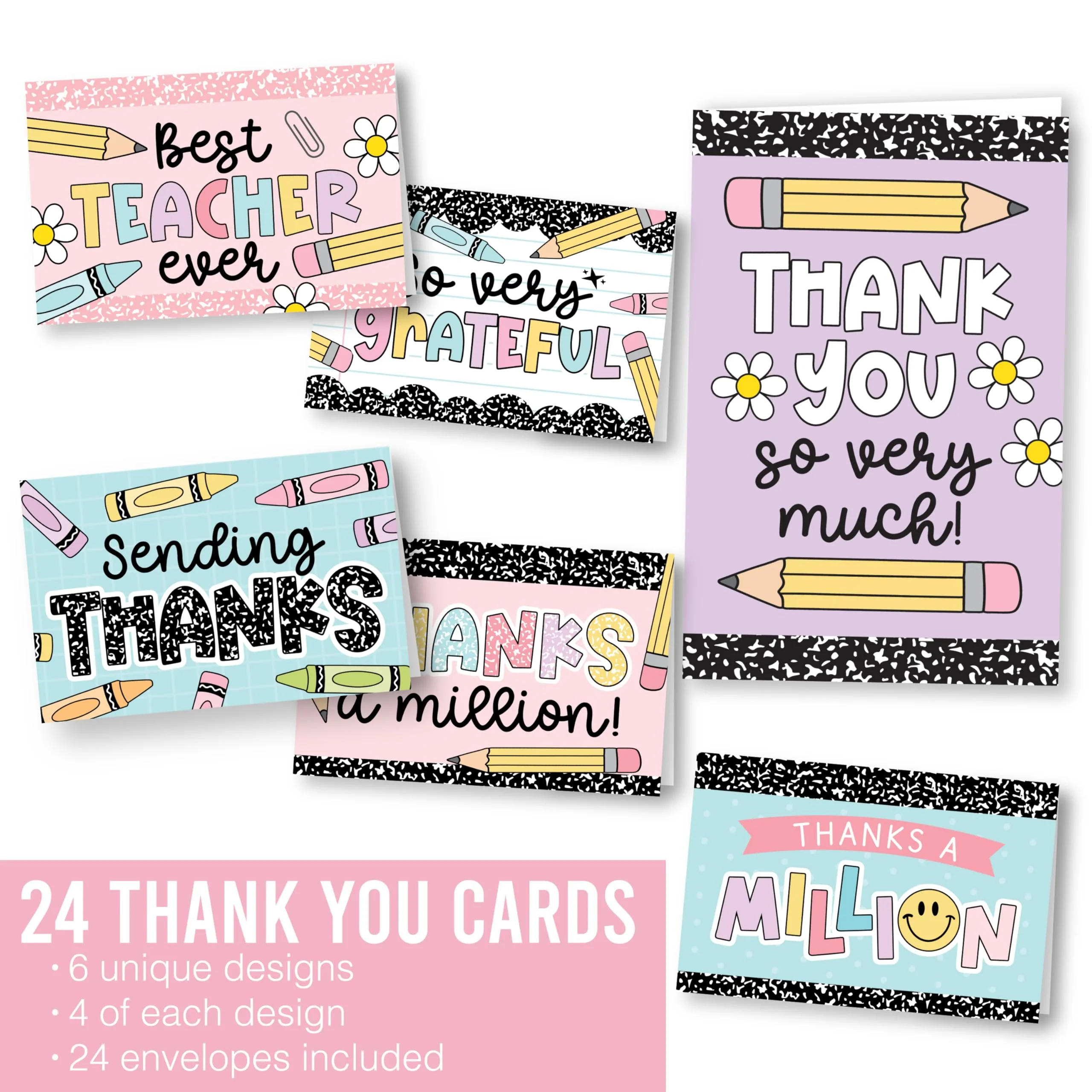 Hadley Designs Teacher Thank You Cards with Envelopes -24 Teacher Appreciation Cards Bulk, Cute Thank You Notes from Students, Teacher's Day End of School Year Christmas & Valentines Card for Teachers - Image 3