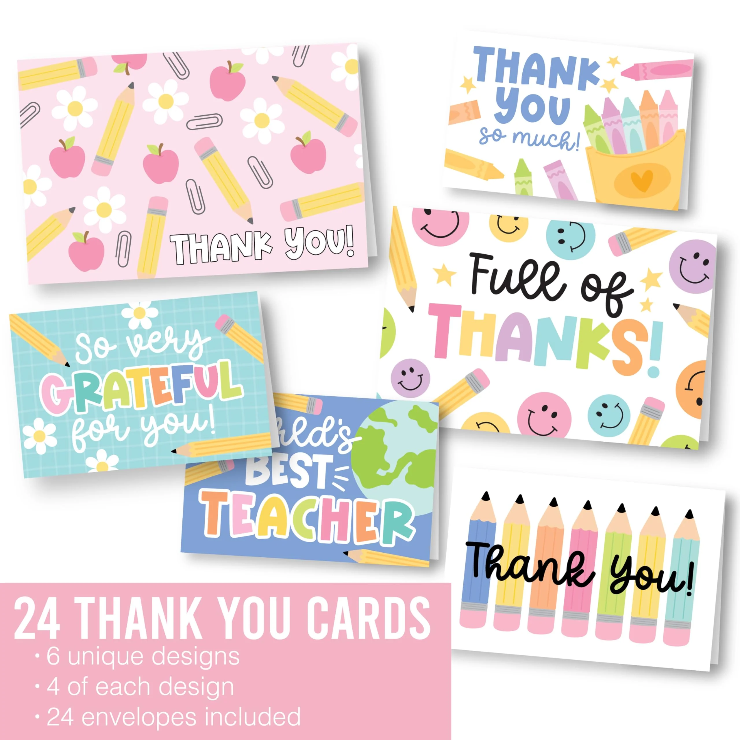 Hadley Designs Teacher Thank You Cards with Envelopes -24 Teacher Appreciation Cards Bulk, Cute Thank You Notes from Students, Teacher's Day End of School Year Christmas & Valentines Card for Teachers - Image 3