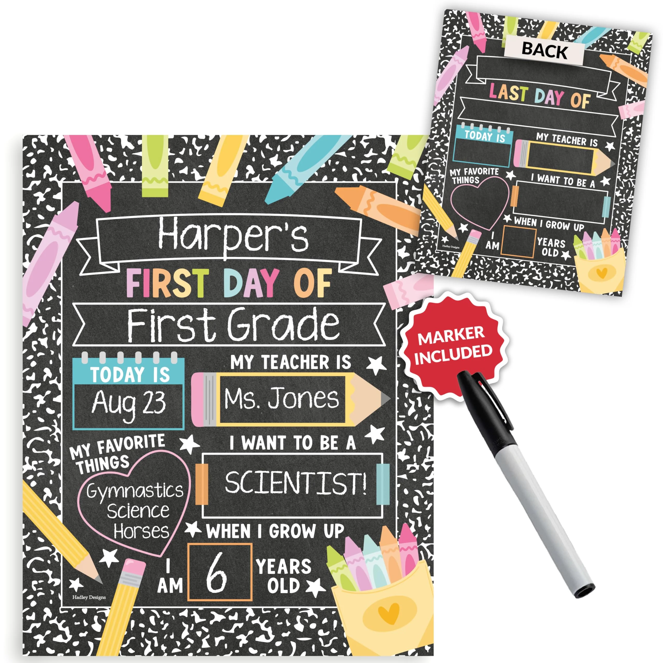 My Last Day of School Sign with Markers -11x14 Back to School Signs First and Last Day, Kindergarten Chalkboard Signs, Pre K Sign Board, Preschool Board, Reusable Photo Prop for Kids