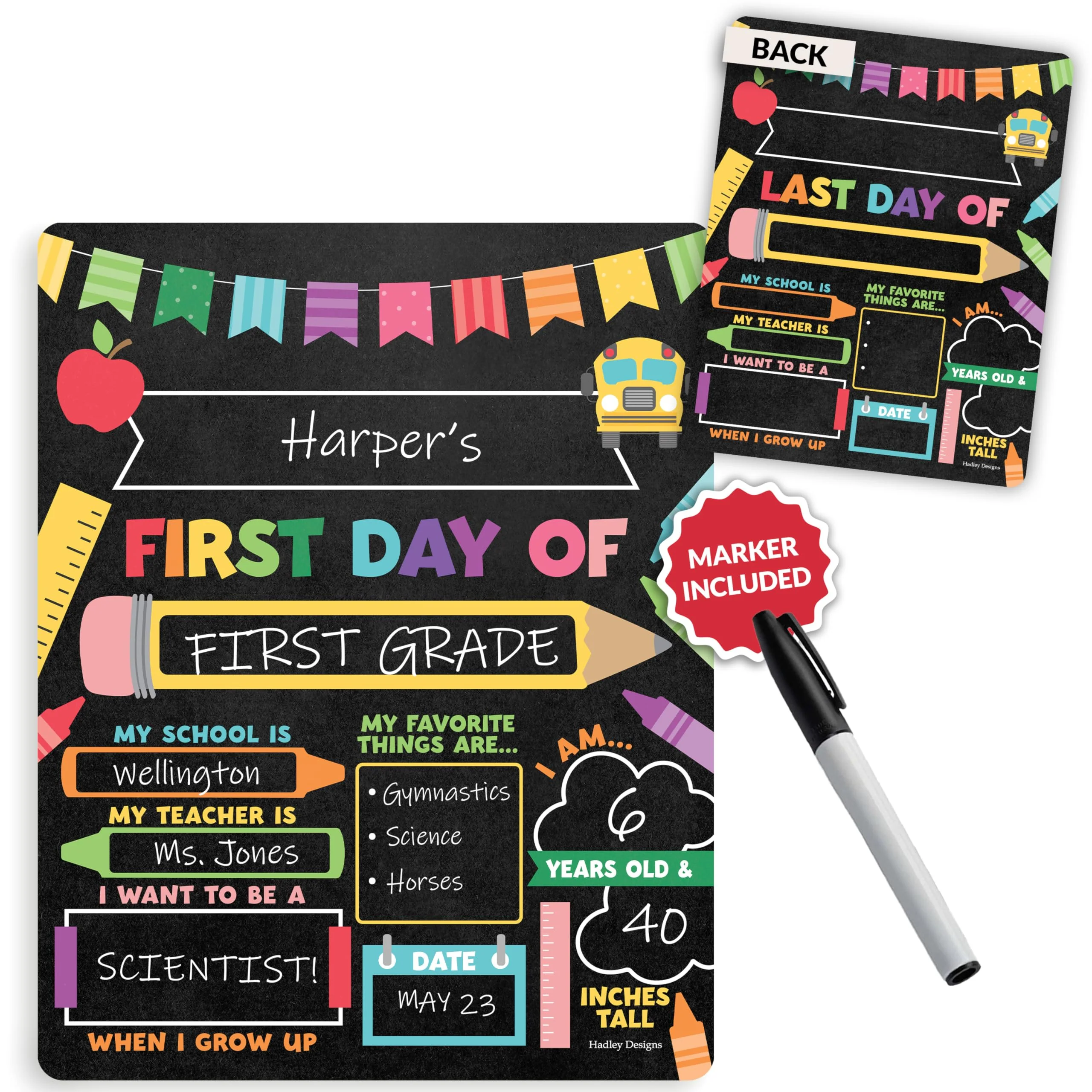 My Last Day of School Sign with Markers -11x14 Back to School Signs First and Last Day, Kindergarten Chalkboard Signs, Pre K Sign Board, Preschool Board, Reusable Photo Prop for Kids