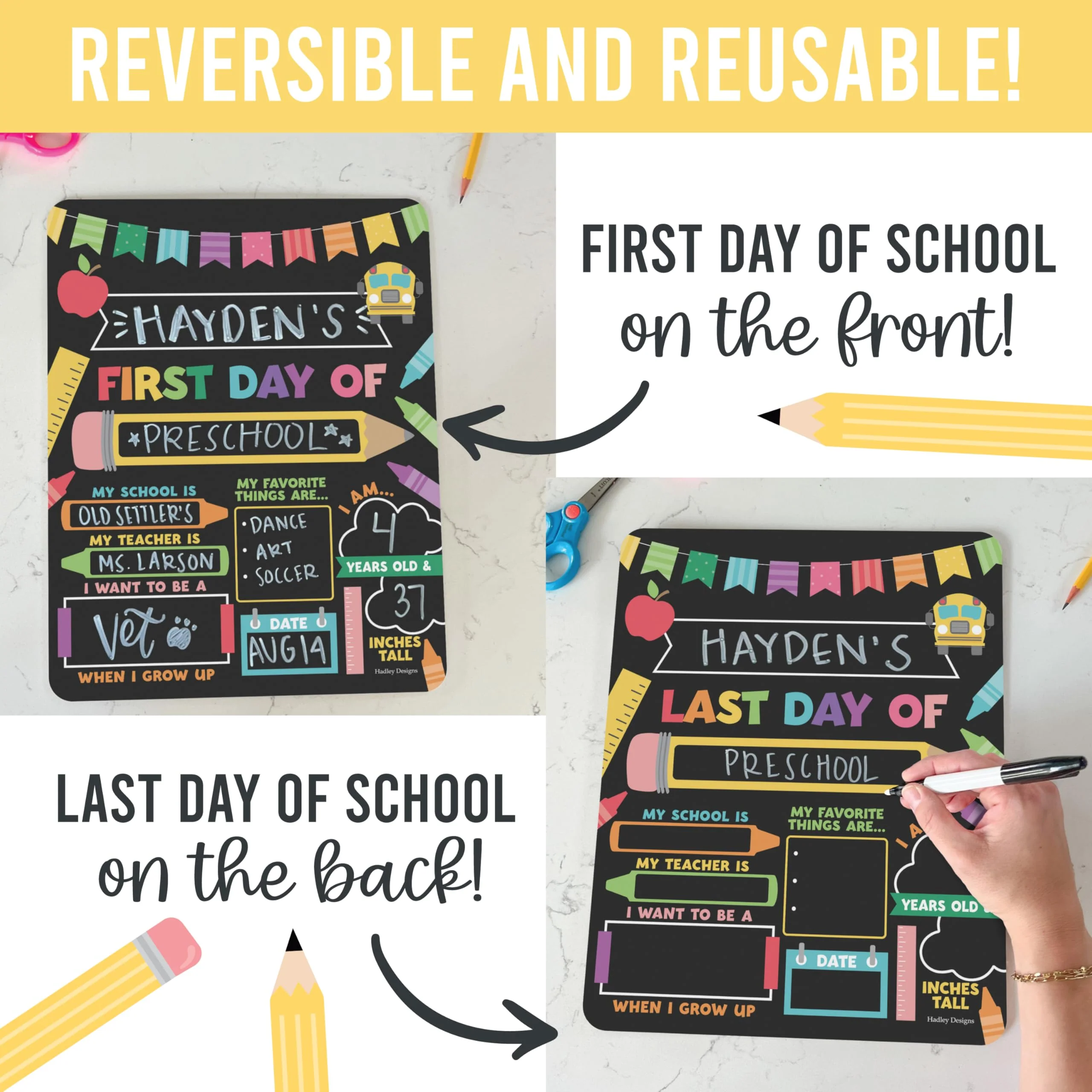 My Last Day of School Sign with Markers -11x14 Back to School Signs First and Last Day, Kindergarten Chalkboard Signs, Pre K Sign Board, Preschool Board, Reusable Photo Prop for Kids - Image 4