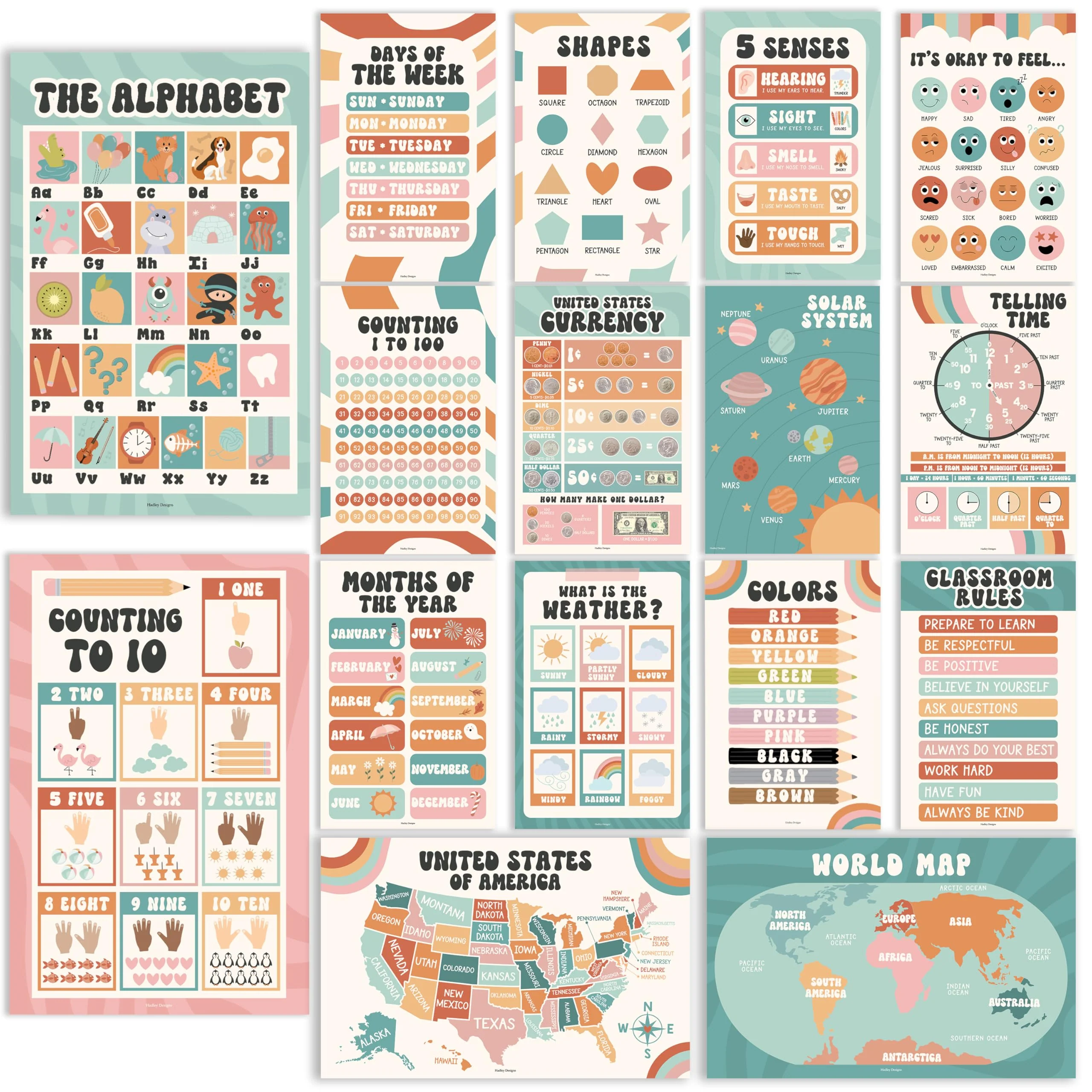 Preschool Head Start Kit, Retro Boho 16 Poster Pack